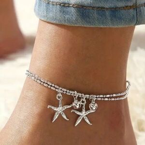 Womens Silver Starfish & Bells Charm Anklet. NWT